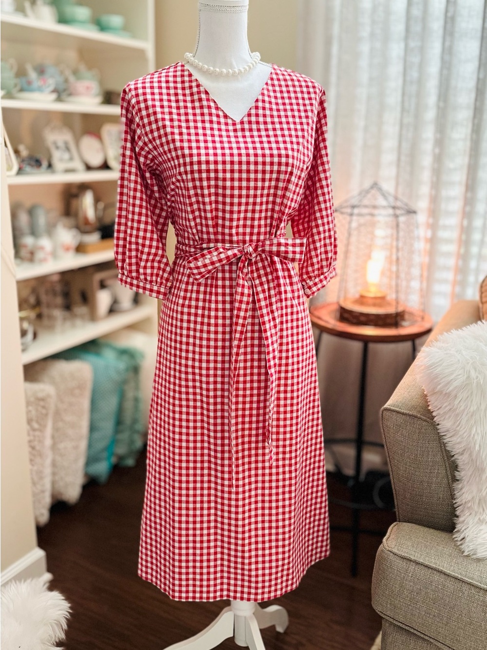 Red Gingham Tie-Waist Midi Dress